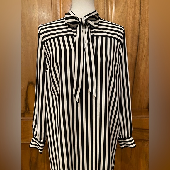 LOFT - Black & White Striped Long-SleeveShirt-Dress/Bow Tied at Neck - EUC - S - Picture 2 of 14
